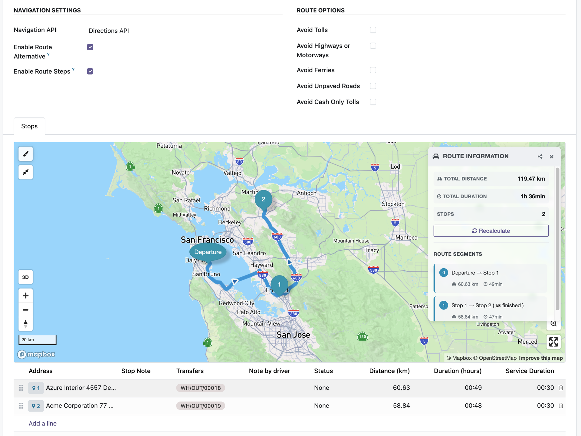 Mapbox GL JS route map with numbered stop markers and per-segment distance and duration sidebar