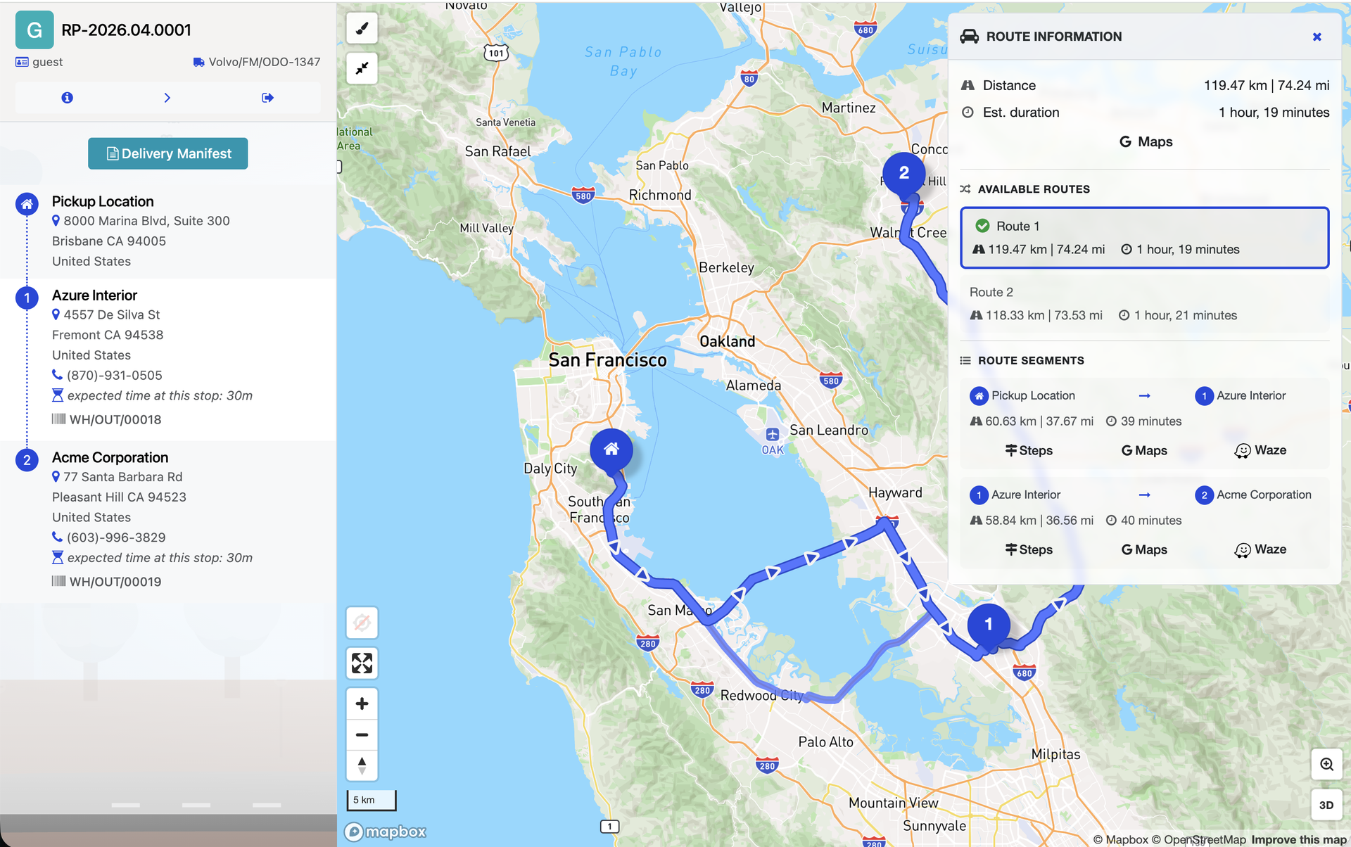 Mobile-friendly driver portal with Mapbox route map, turn-by-turn steps, and geolocation tracking