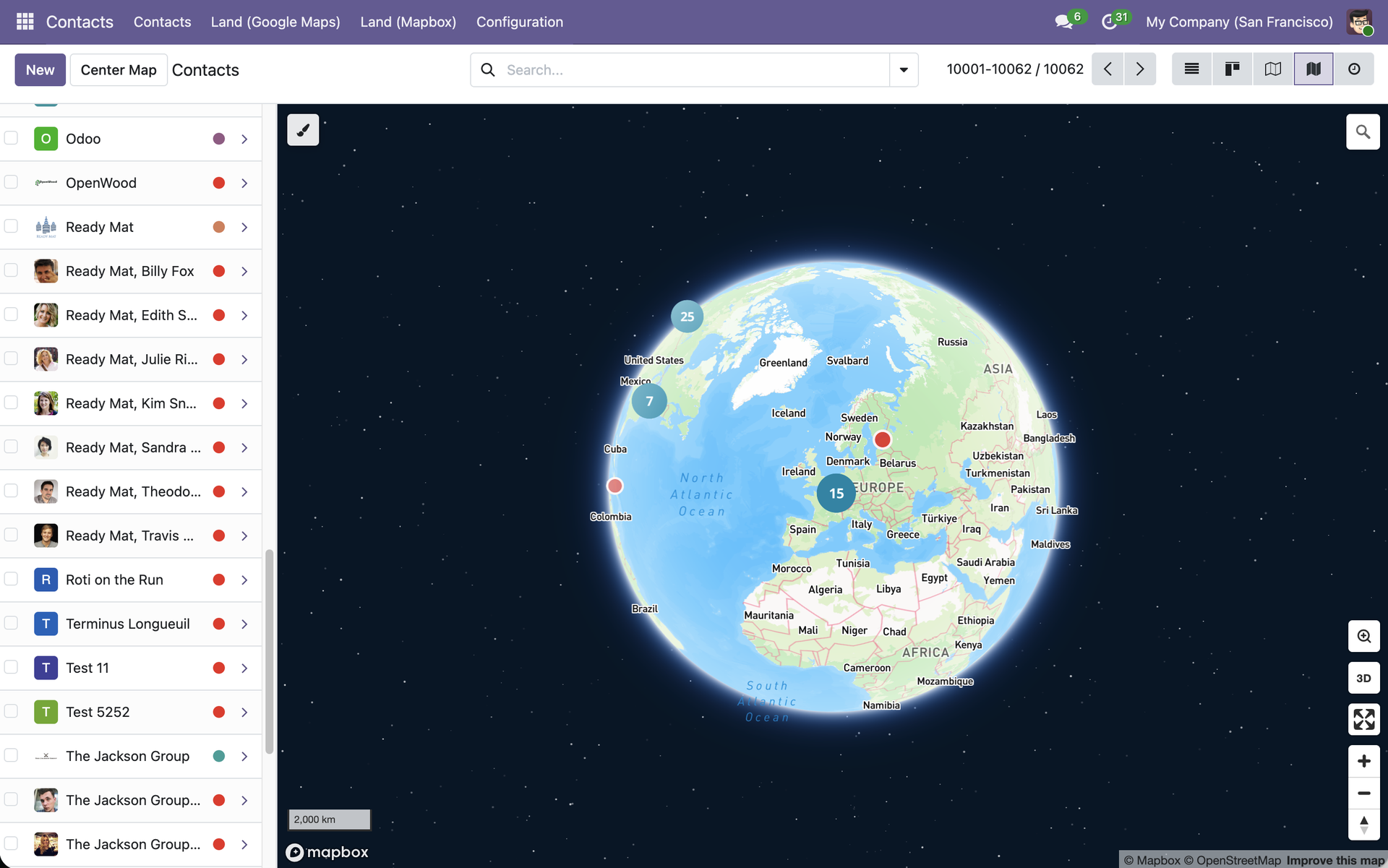Geographic customer browser inside Odoo Contacts — clustered markers, custom colors, box-zoom multi-select, and one-action route creation from any selection