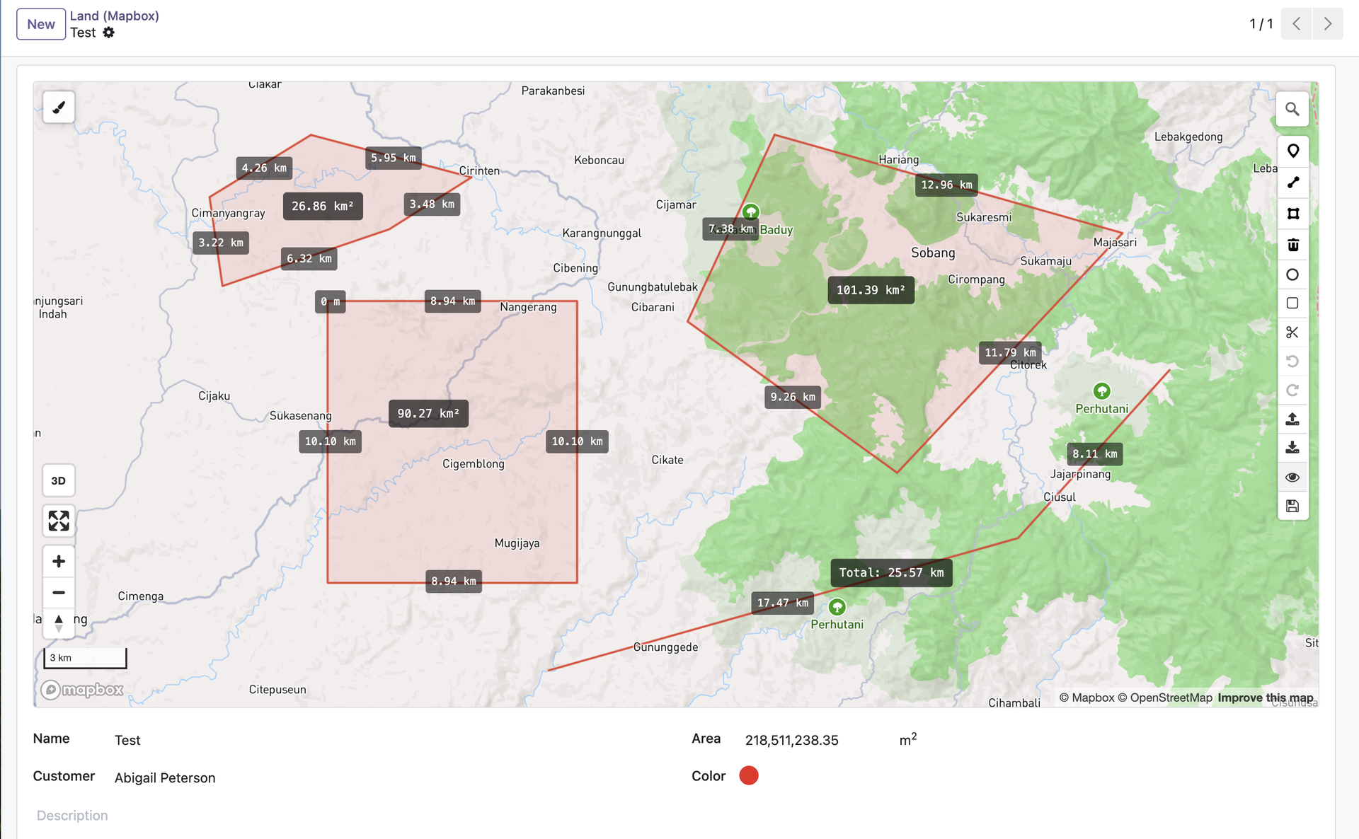 In-form GeoJSON drawing widget with live area and length measurements, undo/redo history, polygon cut, and import/export — embedded directly in any Odoo form view
