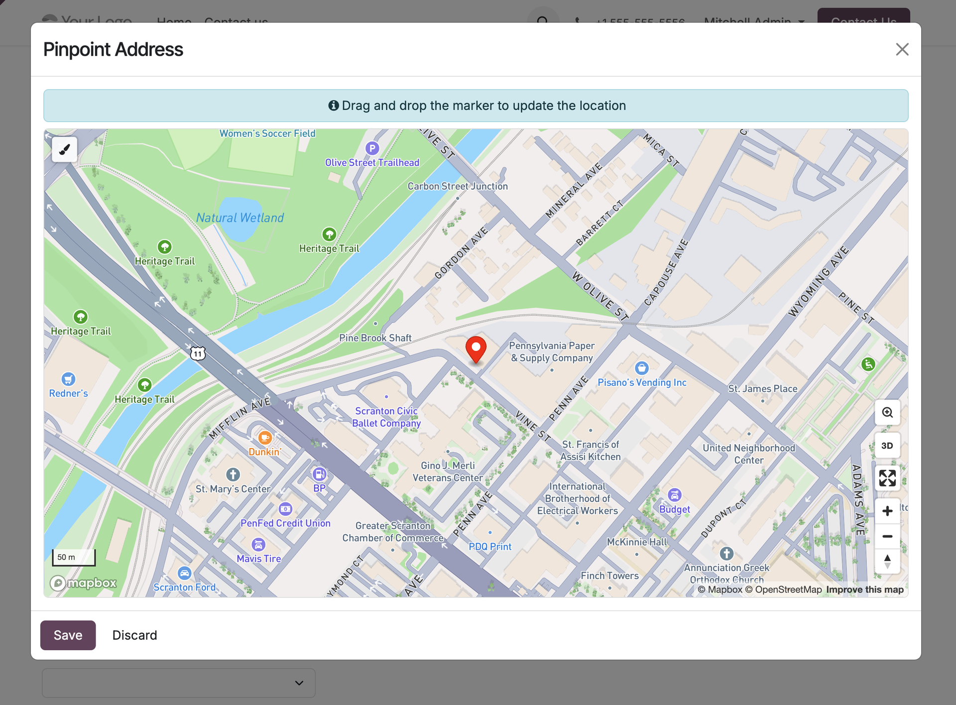Popup window with Mapbox map allows user to pinpoint the address on map. Draggable marker and auto-geocoding make it easy for customers to set their exact location.