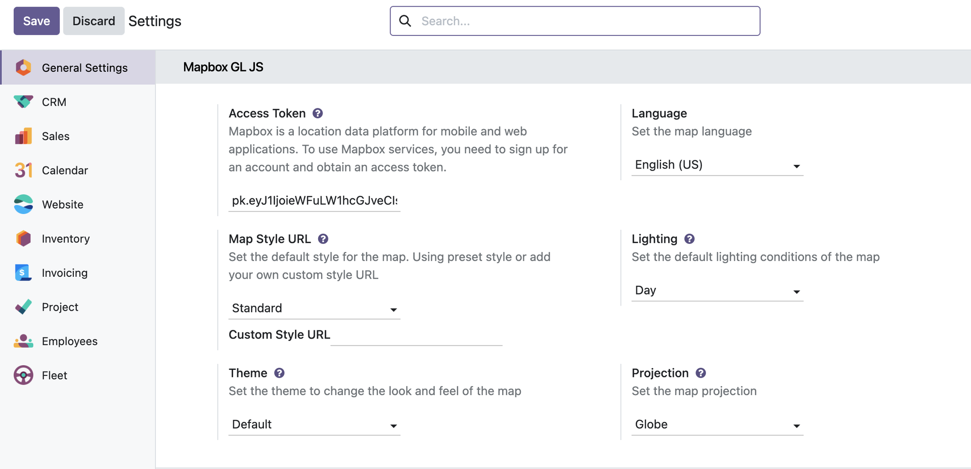 Mapbox GL JS settings in Odoo — token, style, projection, language