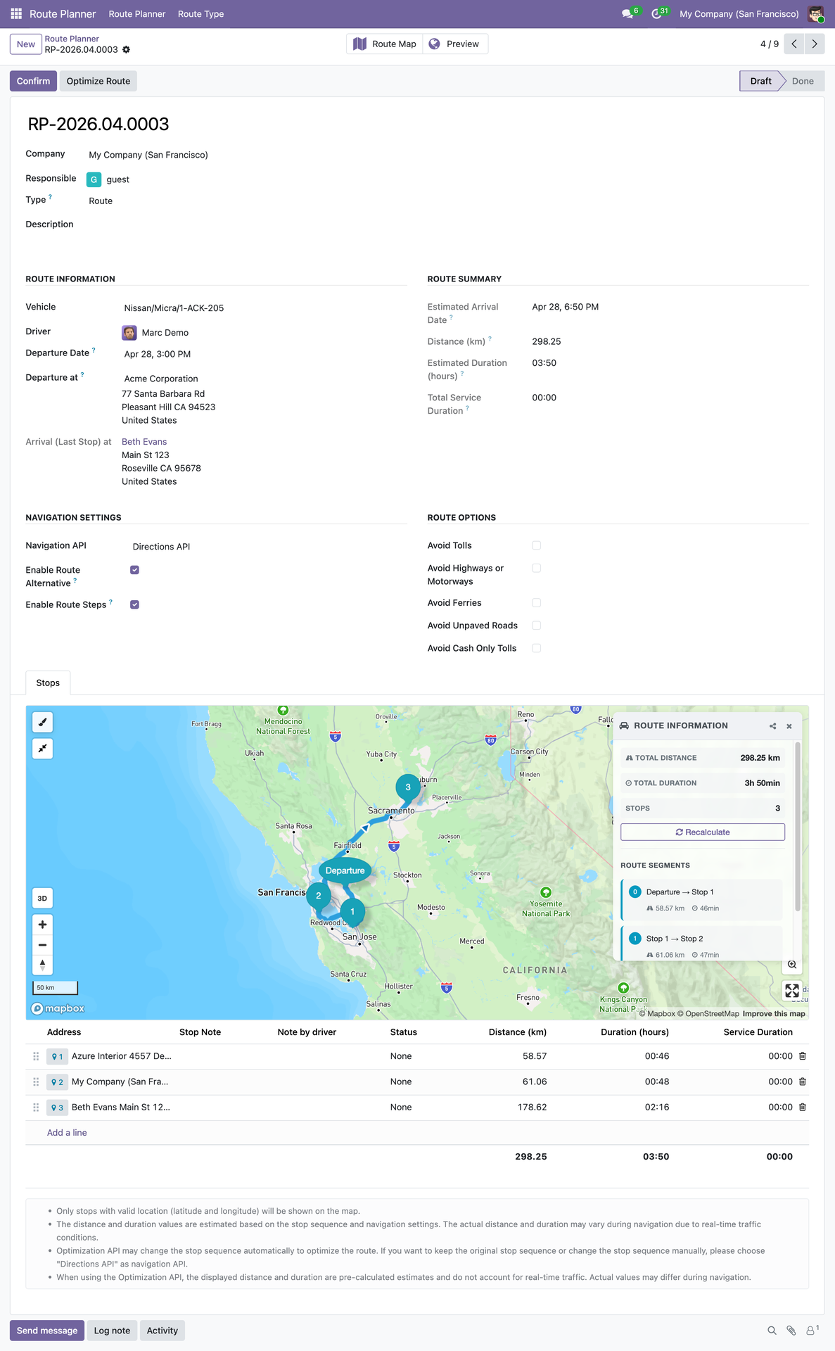 Route Planner form with Mapbox GL JS map showing a multi-stop route with numbered markers, road geometry, and per-segment distance and duration metrics