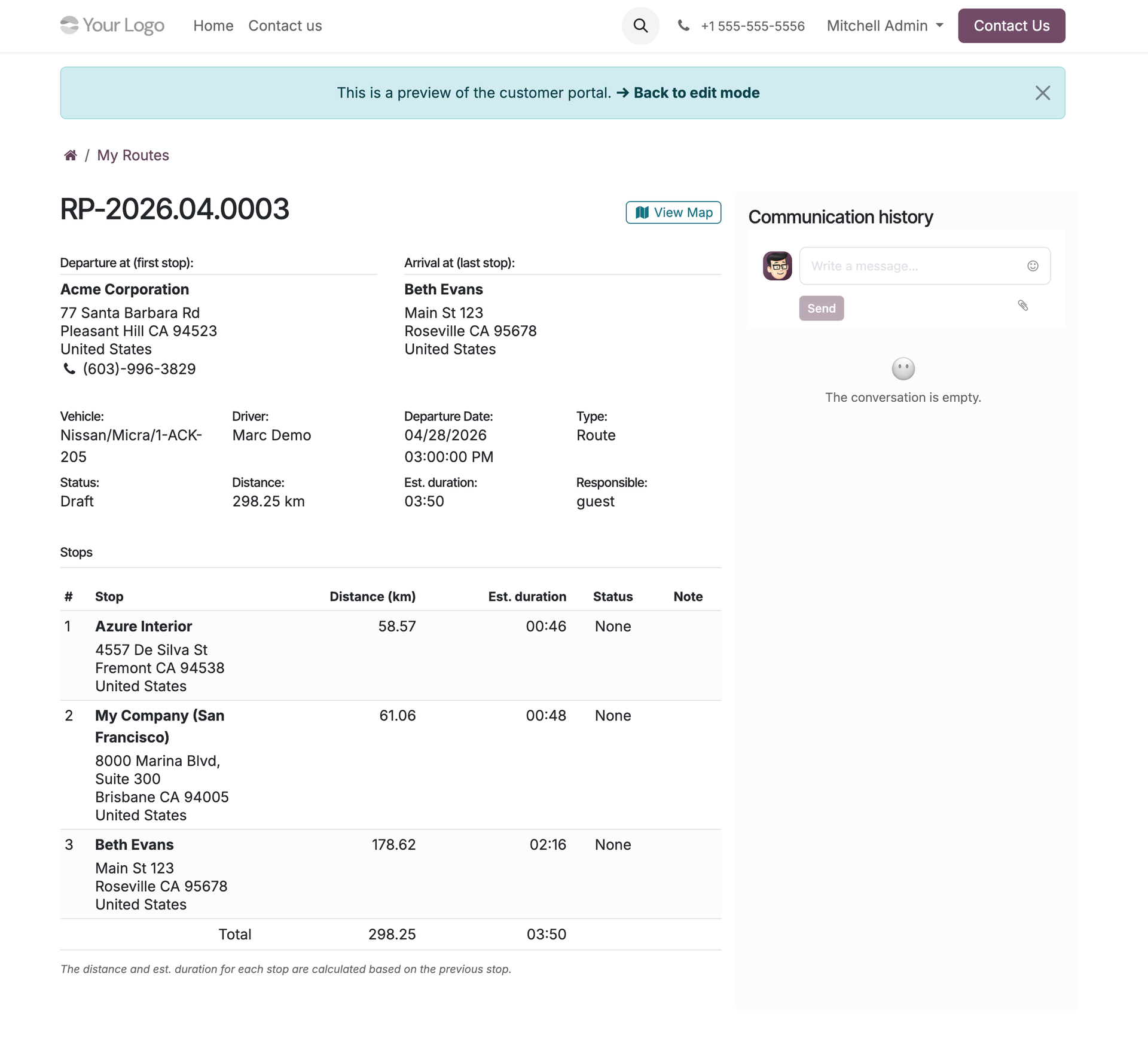Portal route detail view for driver: no backend access required for drivers to see their assigned routes, update stop status, view turn-by-turn steps, and share location with dispatcher in real time
