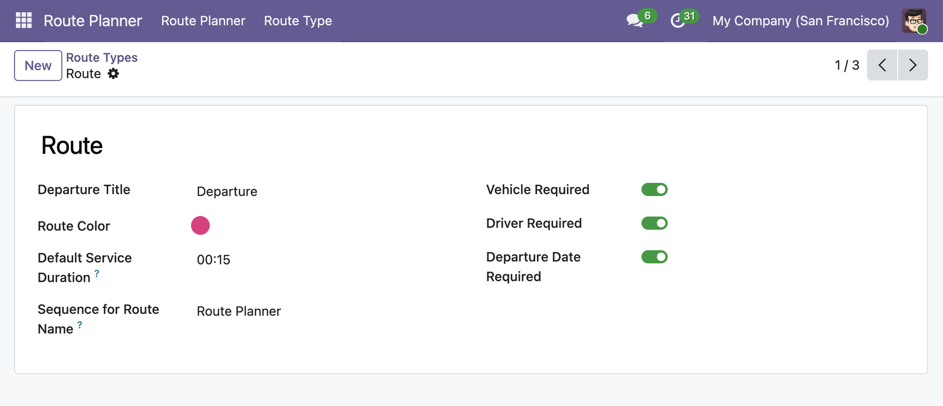 Route type configuration form with Mapbox GL JS map view embedded in Odoo Settings. Each route type has its own settings for required fields, default values, and workflow rules — so one application can handle deliveries, sales visits, inspections, and more without custom development