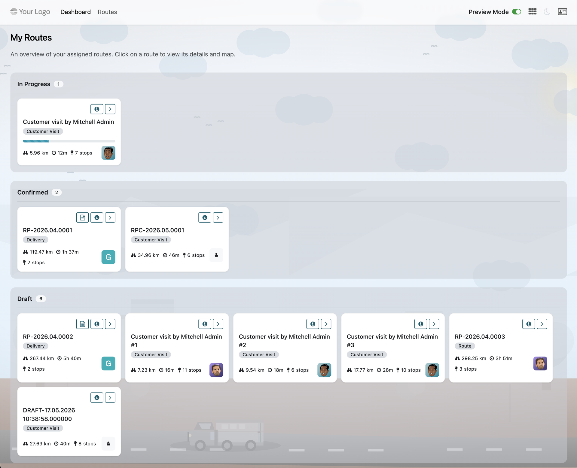 Portal dashboard for drivers shows maximum of 50 routes assigned with kanban style allows the driver to see a glance of route assigned to him