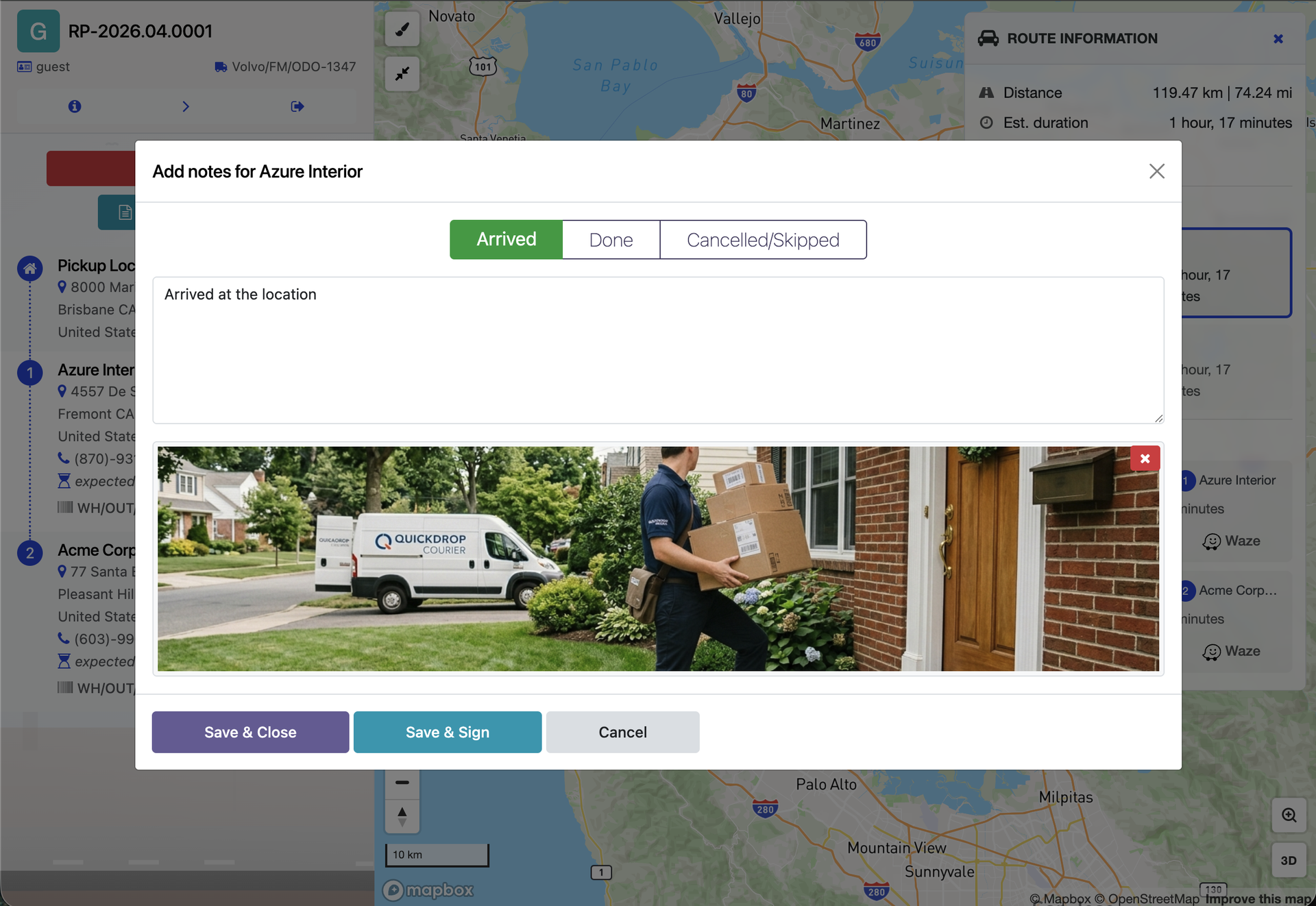 Once the driver starts the route, action button will appear on every stop of the route, allowing the driver to update the status of the stop and add notes if necessary. Status updates and notes are logged in the chatter of the route and stop, creating a complete audit trail of what happened on the route without any extra steps.