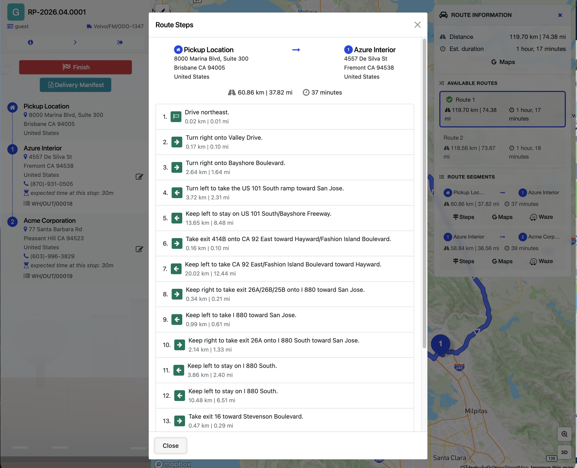Turn-by-turn steps per segment allows drivers to see the details of the route and navigate with confidence. Google Maps and Waze links let them get navigation assistance in their preferred app.