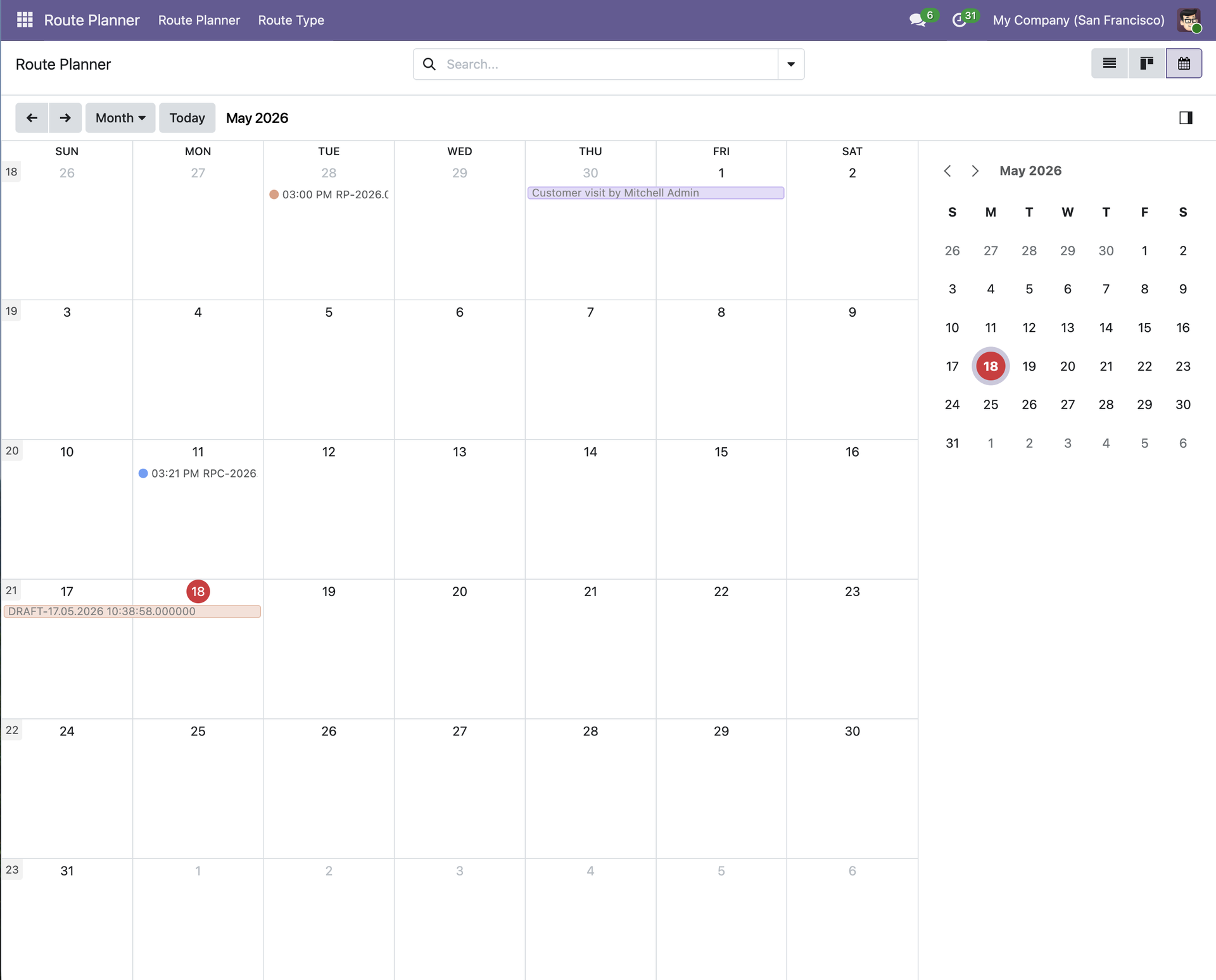 A calendar view allows route's manager and route's user to see the route in calendar and get a glance of the schedule. Routes are colored by route type for easy scanning, and clicking into the route opens the full route form and map.
