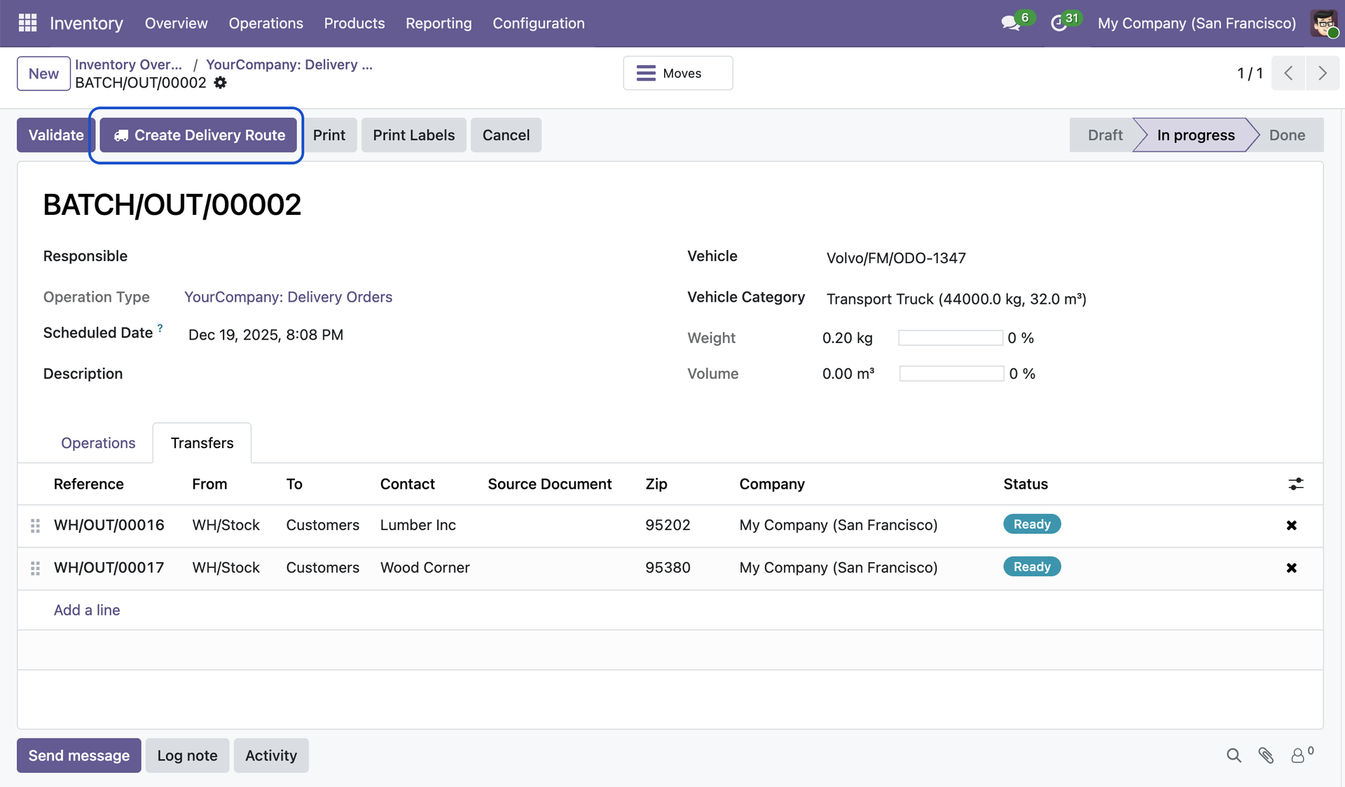 Create Delivery Route button on an in-progress batch transfer generating a geocoded, optimised route in one click