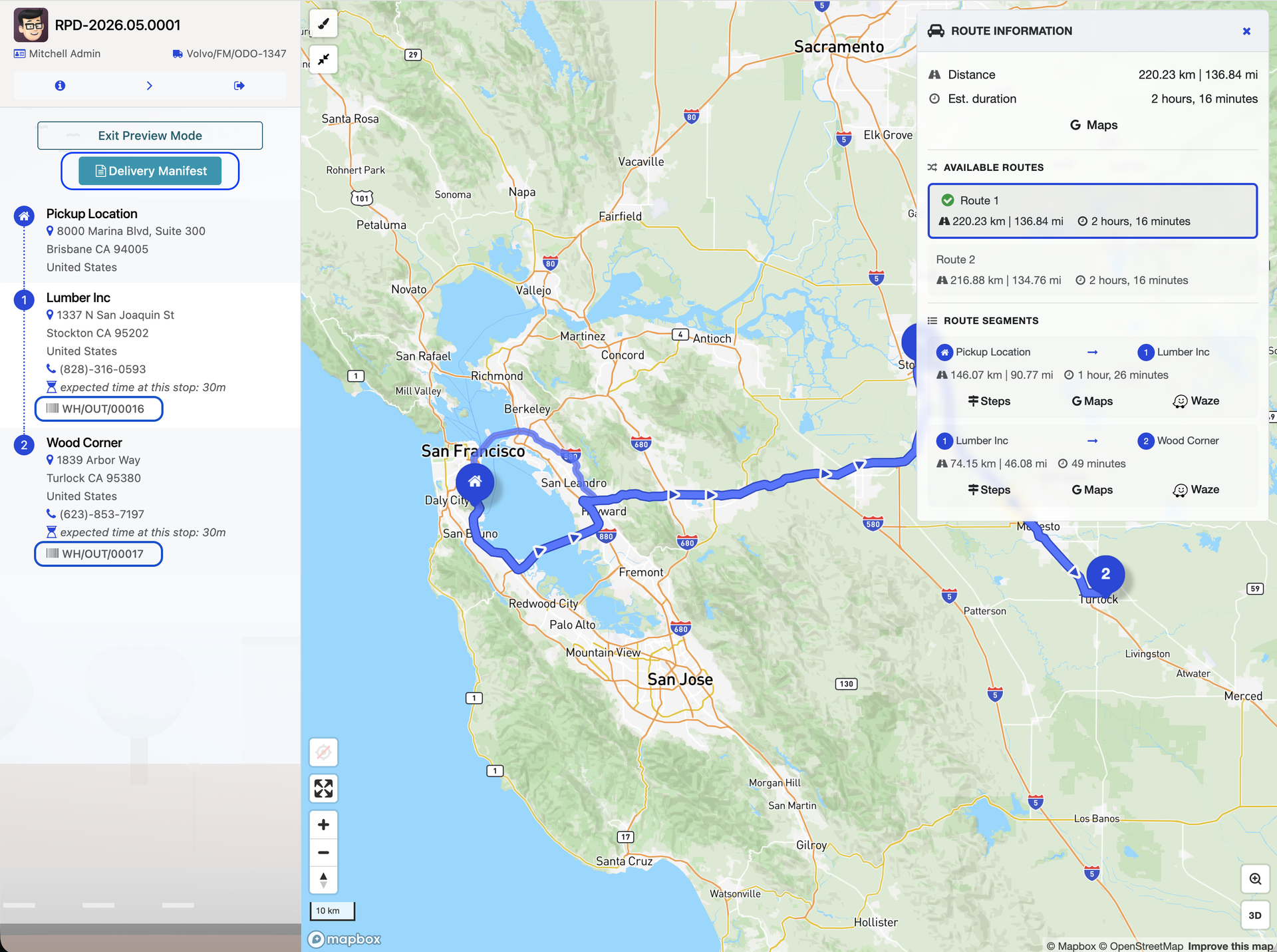 Driver portal showing the Delivery Manifest button on the route card, detail page, and interactive map sidebar