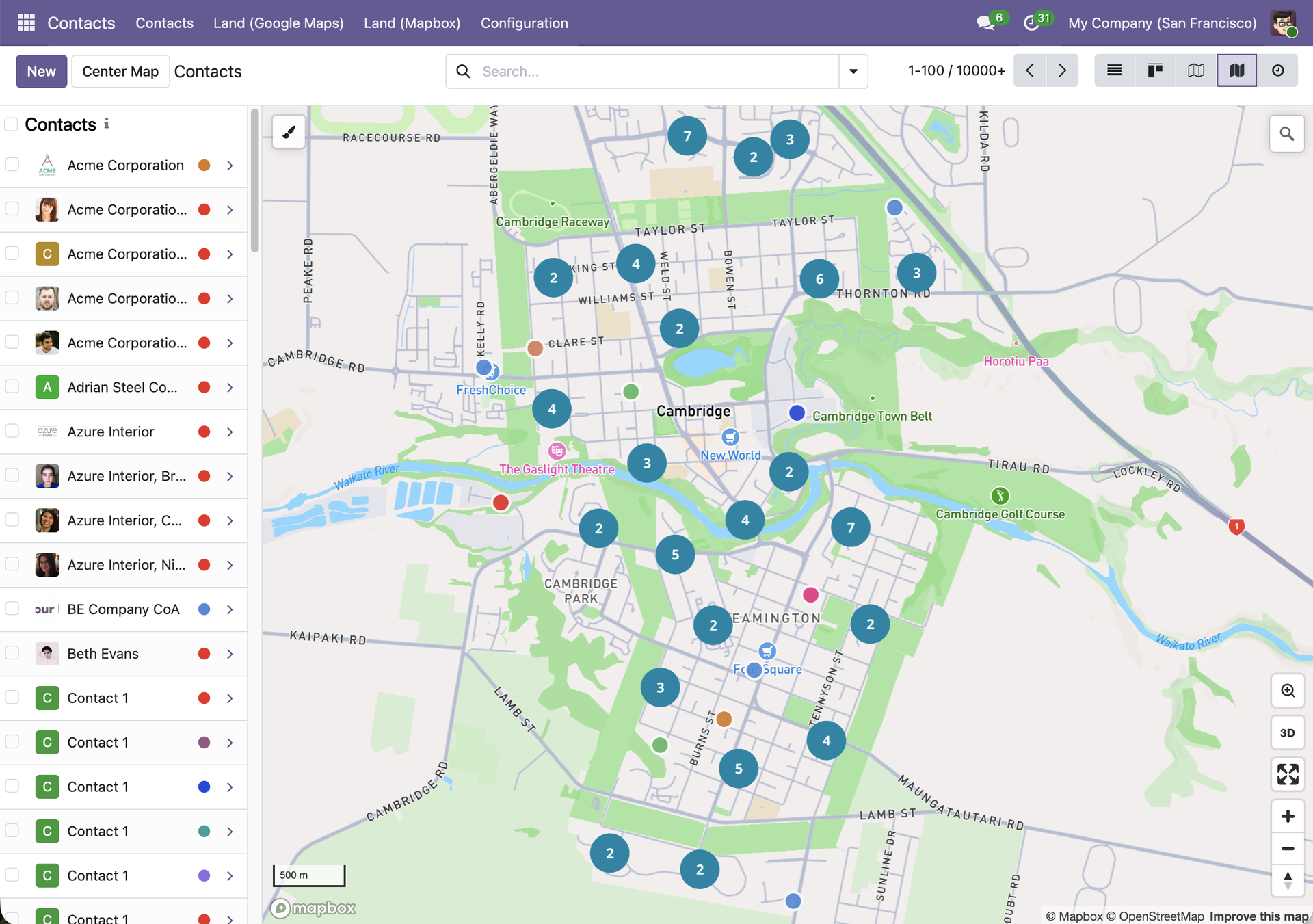 Contacts map view with geocoded contacts as color-coded markers