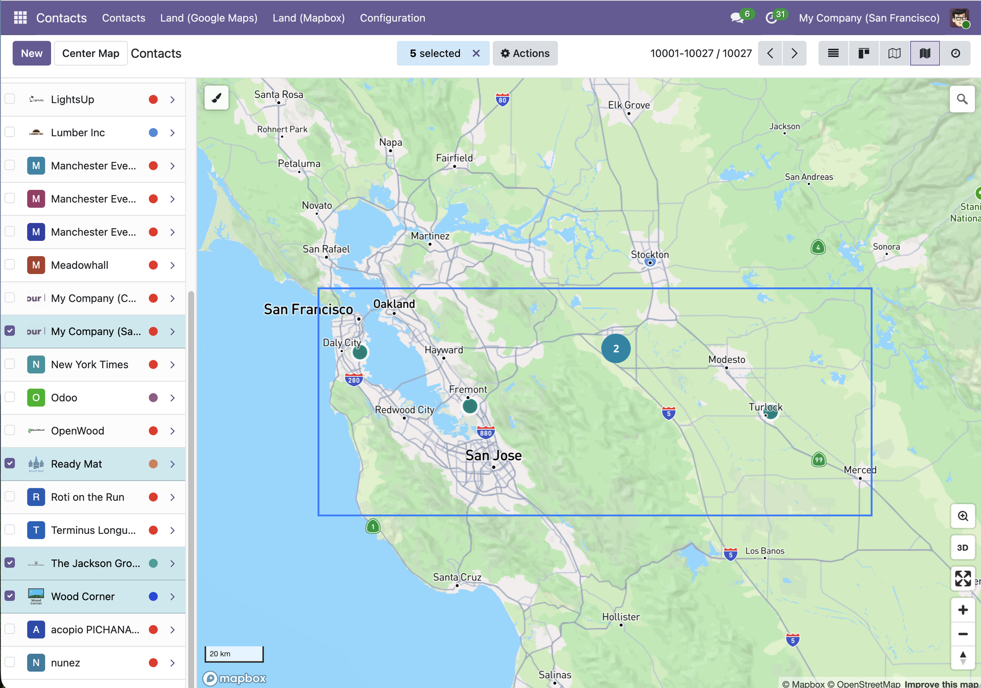 Box selection on the contacts map
