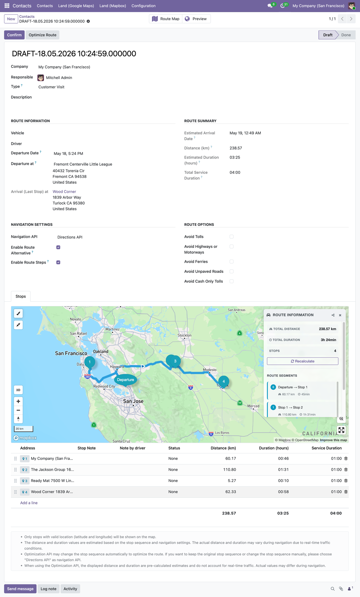 Customer visit route on interactive map with travel time segments