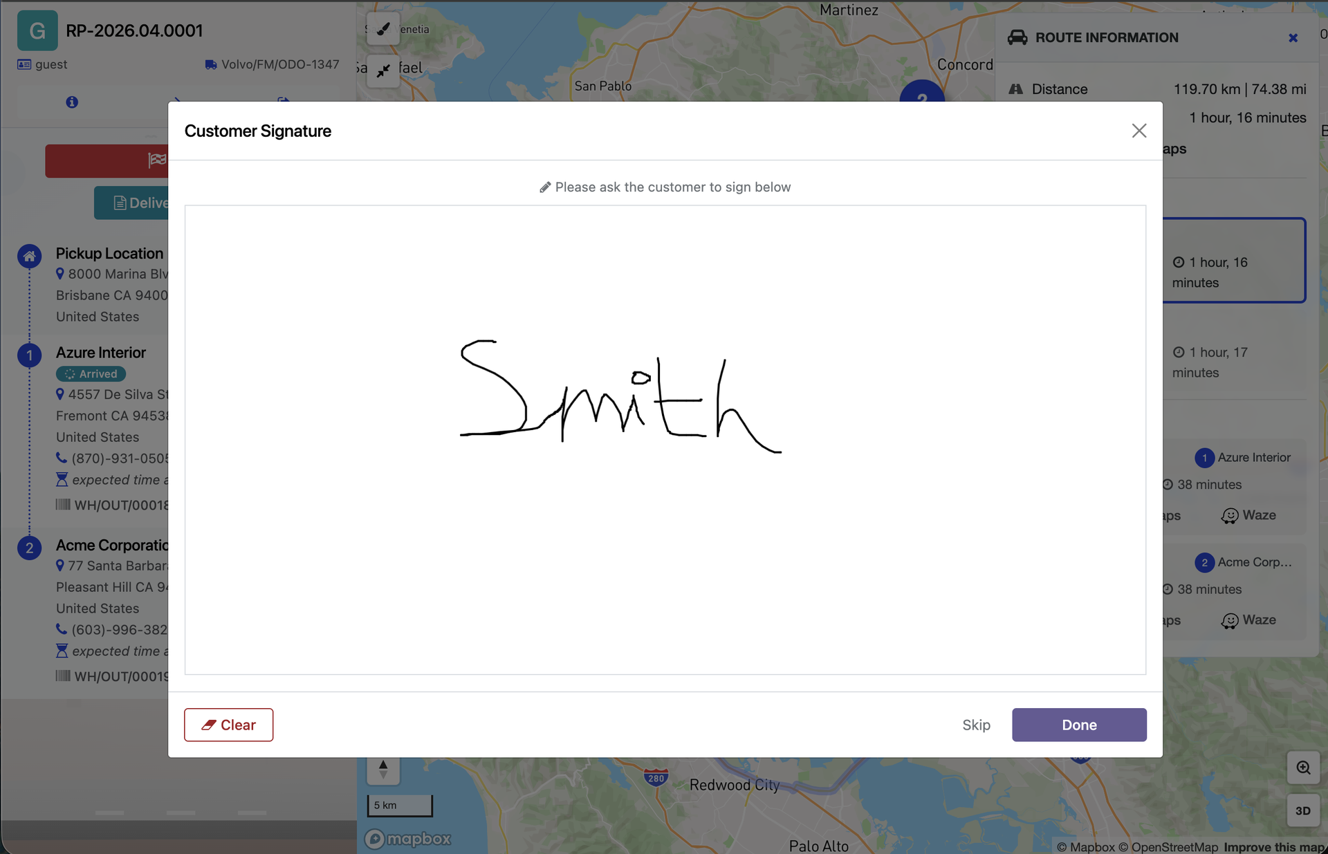 Driver ask for a signature