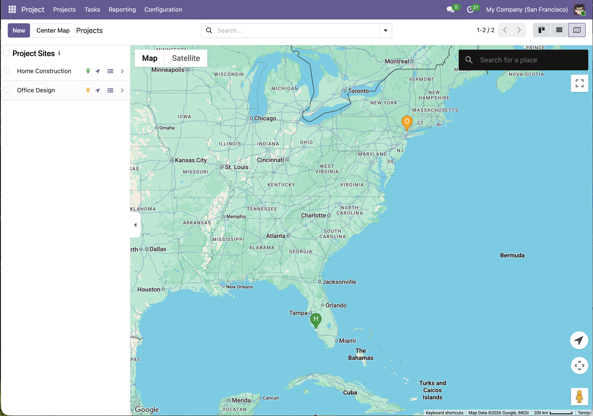 Project portfolio map with status-colored markers