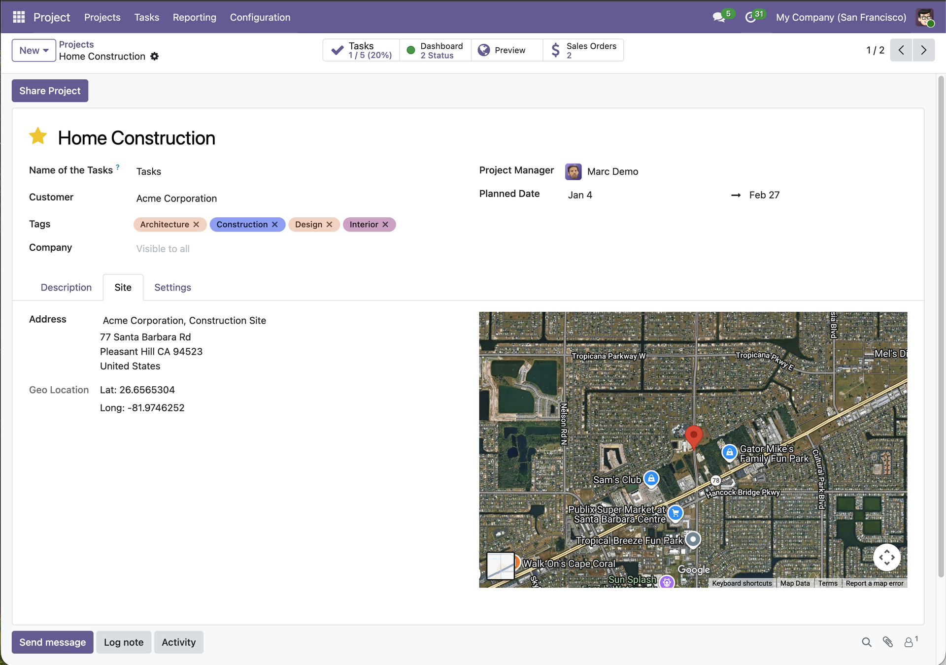 Task map view within a project showing individual task locations