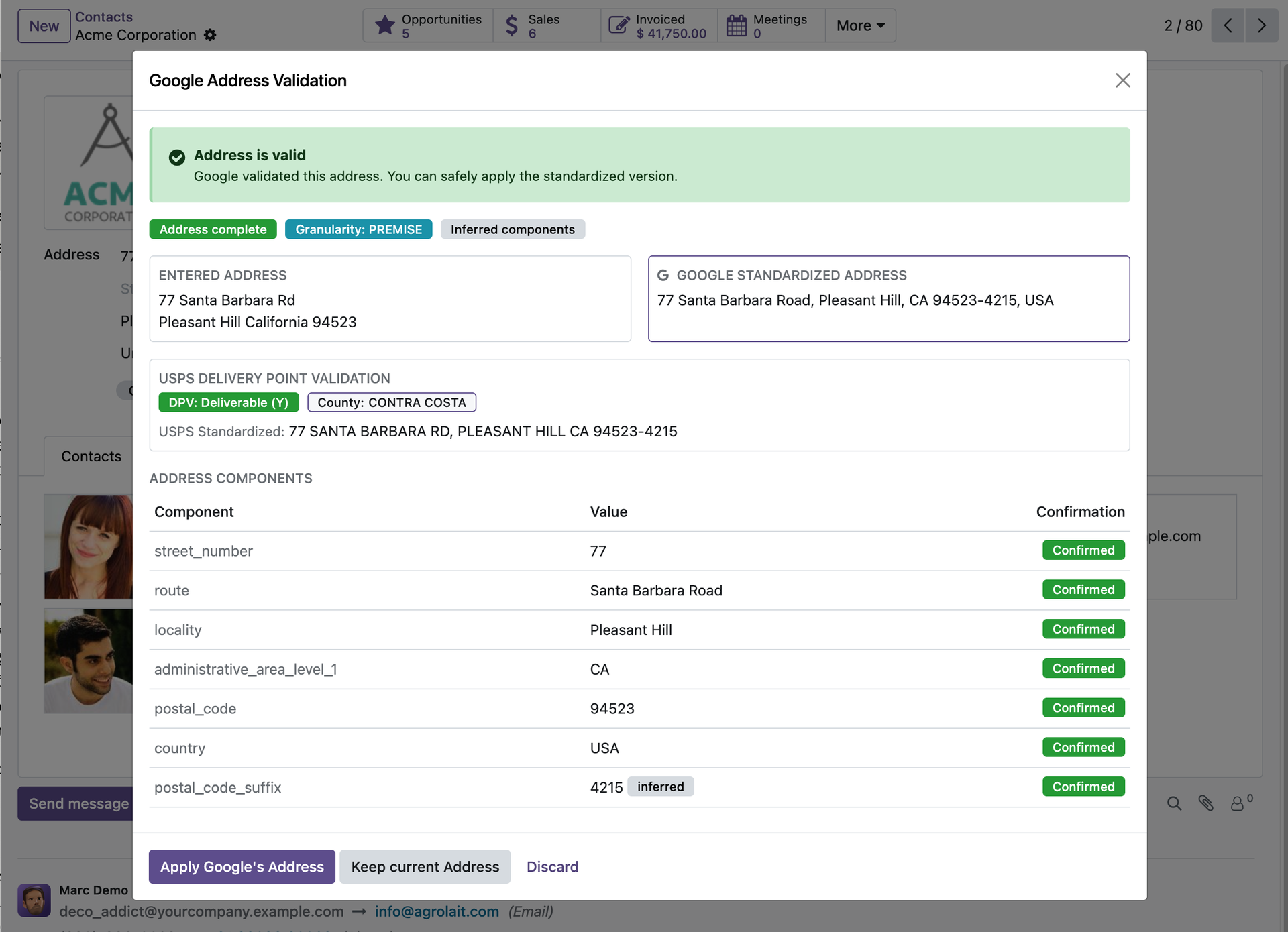 Validation dialog showing recommendation banner, side-by-side comparison, and component breakdown