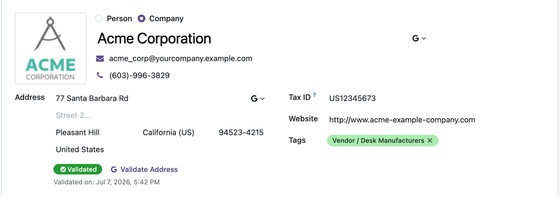 Validation status badge on the Contact form