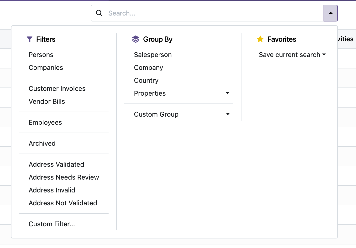 Contacts list filtered by address validation status