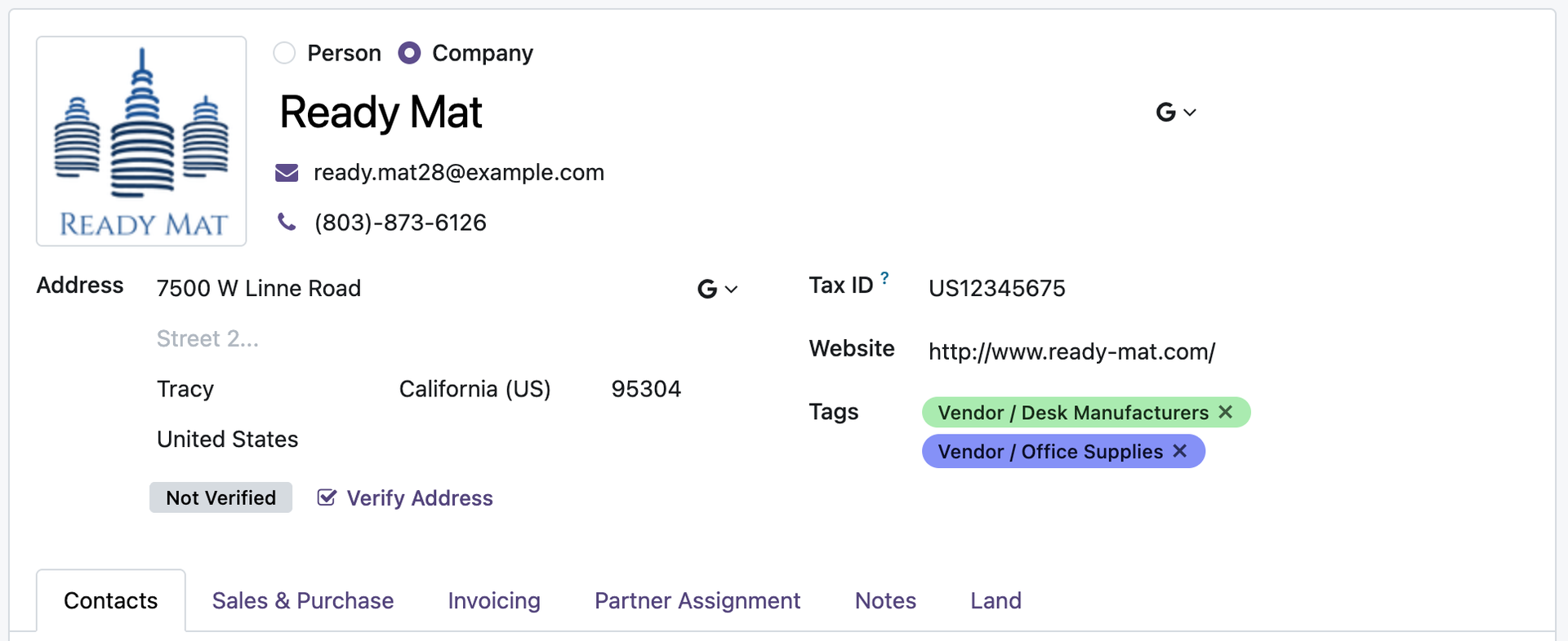 Verify Address button and status badge on the Odoo Contact form
