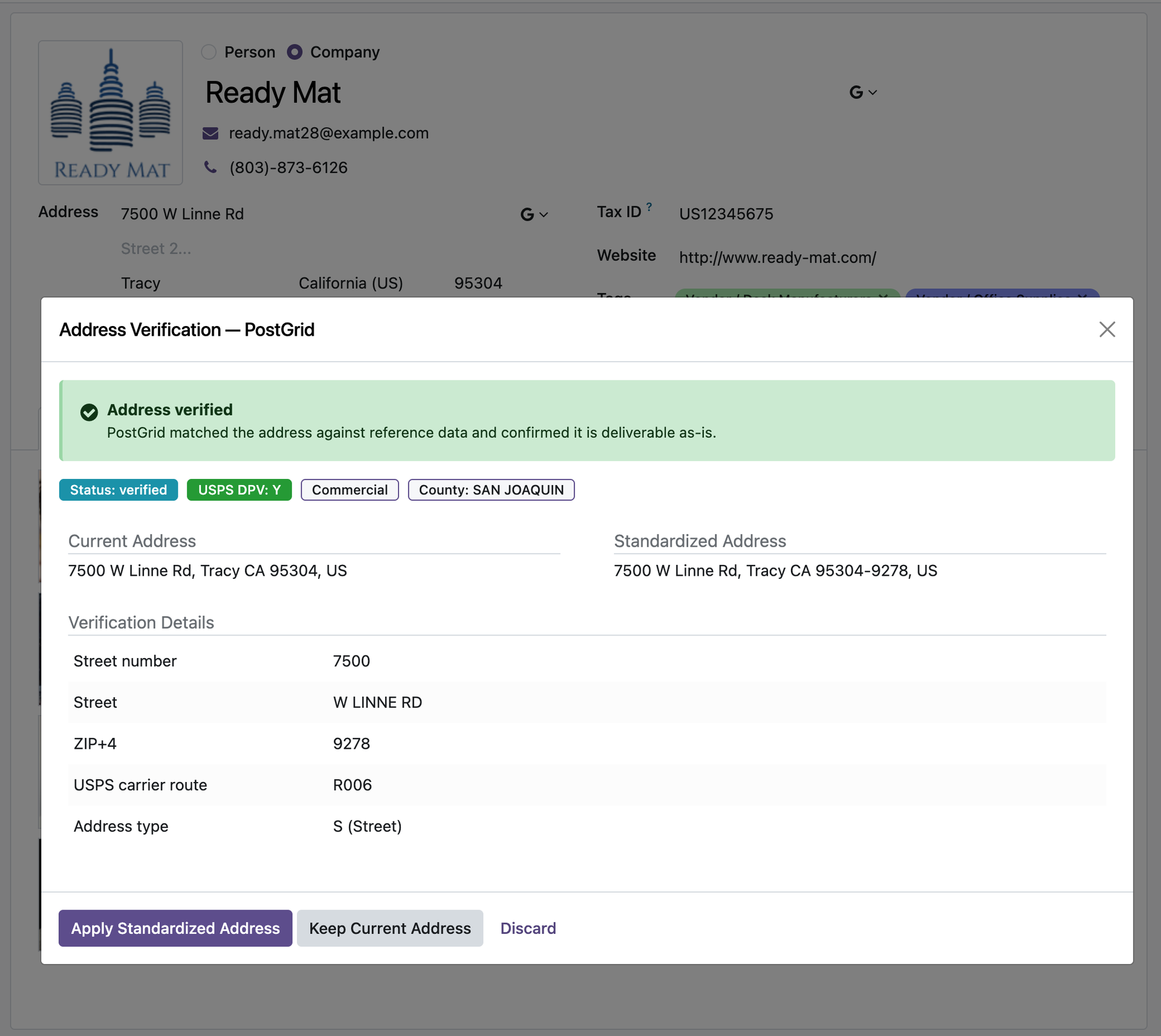 Verification dialog showing severity banner, DPV badge, and delivery details
