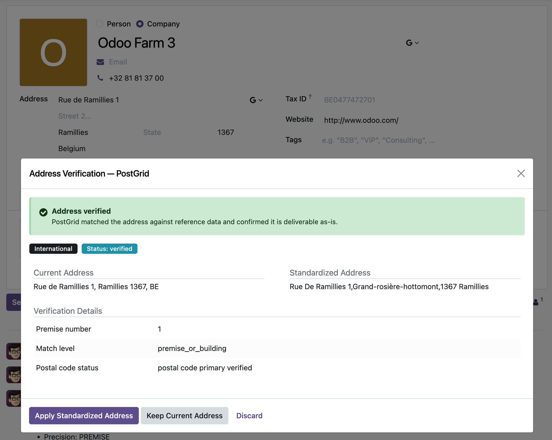Verification dialog showing severity banner, DPV badge, and delivery details