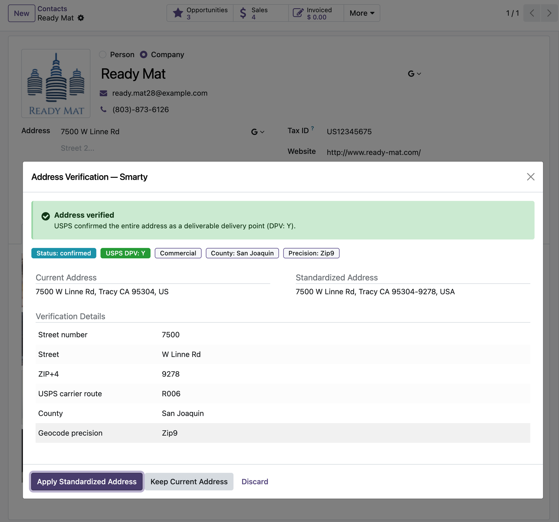 Verification dialog showing severity banner, DPV badge, and parsed components