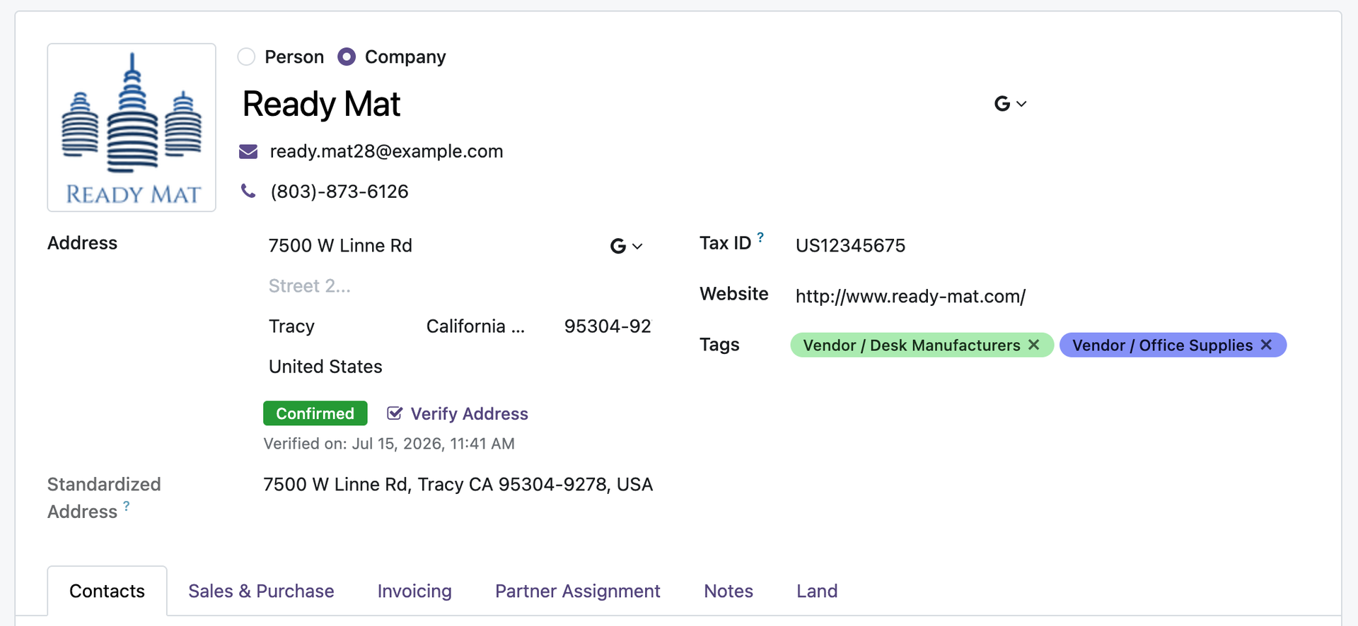Verification status badge on the Contact form