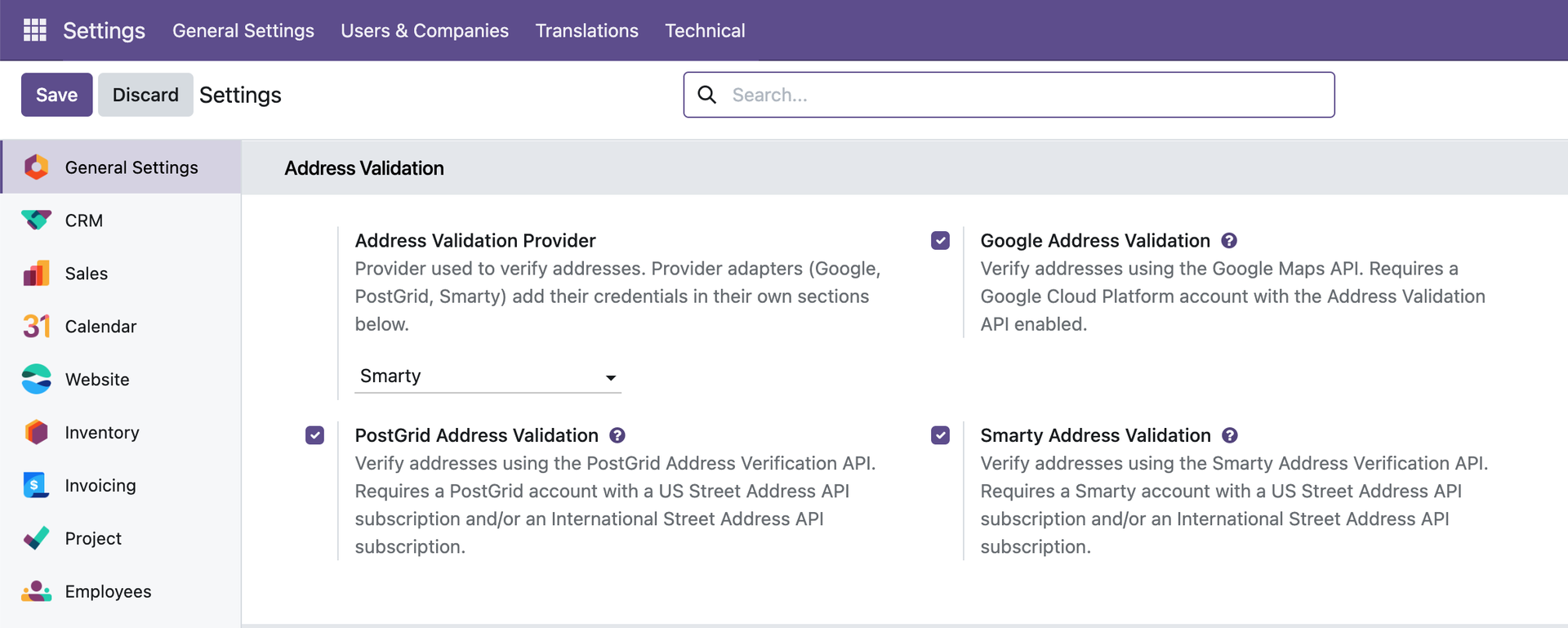 Provider selection in Odoo Settings