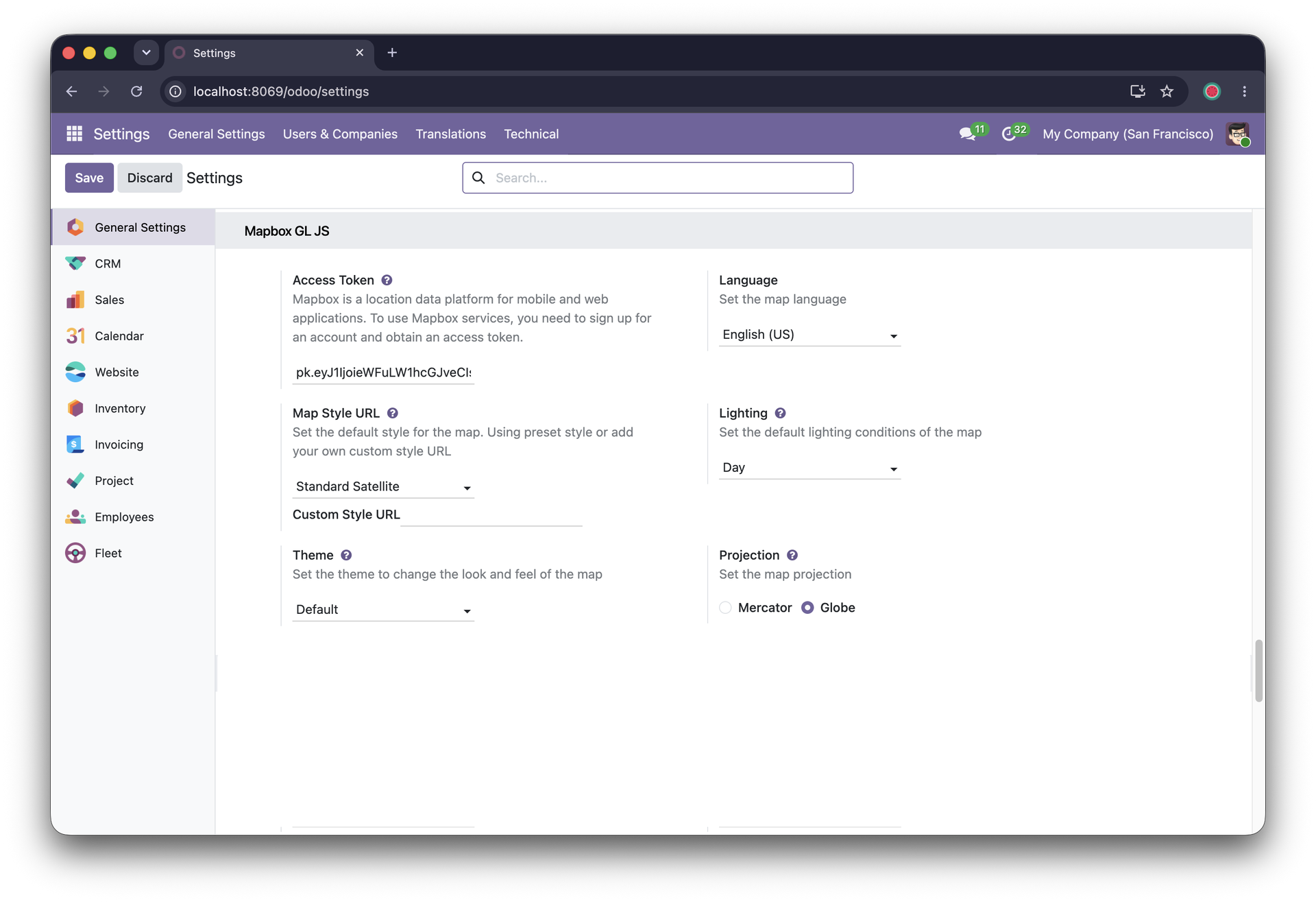 Mapbox settings page